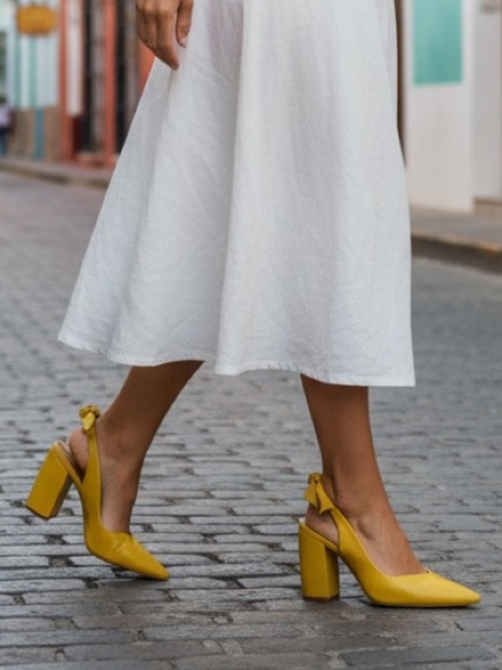 Carrano 9 Women’s Yellow Block Heels Leather Slingback Pumps